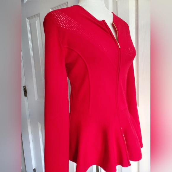 Escada Double Gold Zip Front Peplum Perforated Bodice Chevron Knit Sweater - Picture 2 of 15